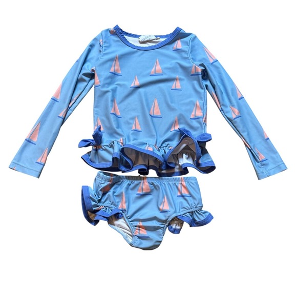 Little Mainer Other - Little Mainer Rash Guard Set Kids Blue Good Sailboat Ruffle 2 Piece SIZE 6